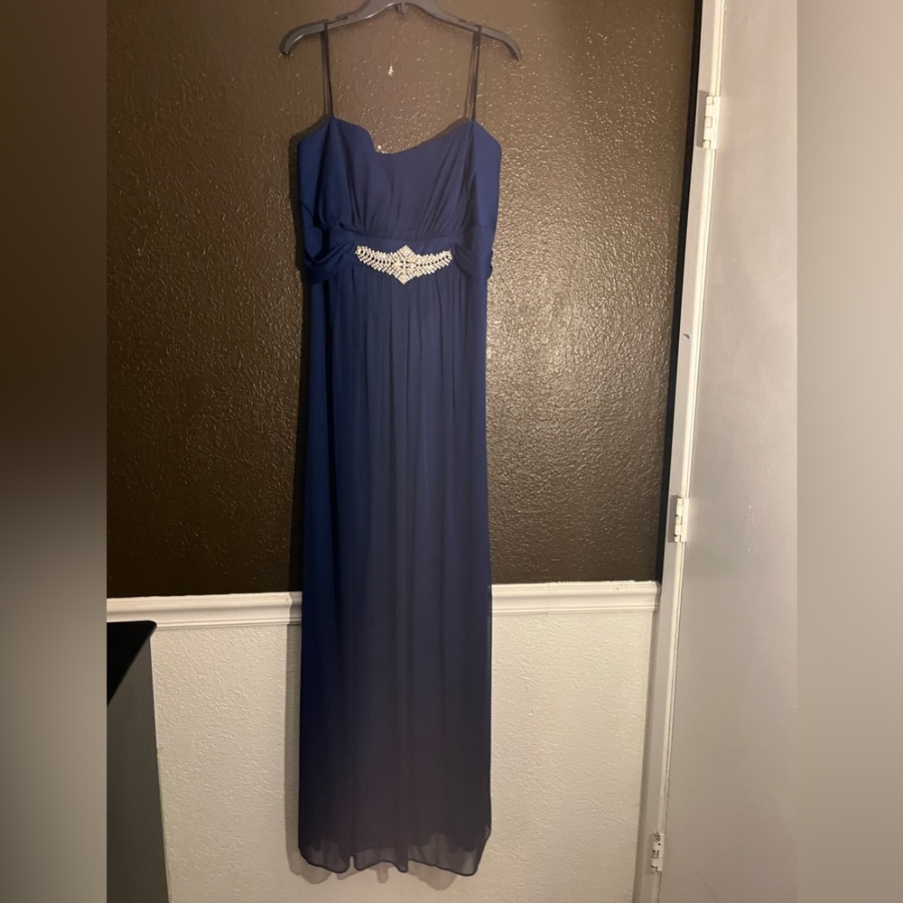 Navy Blue Strapless Evening Maxi Dress with Rhinestones, Size 4X